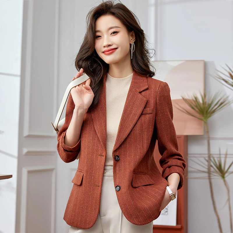 含羊毛时尚洋气条纹西装外套女秋新款2023修身显瘦高级感西服上衣