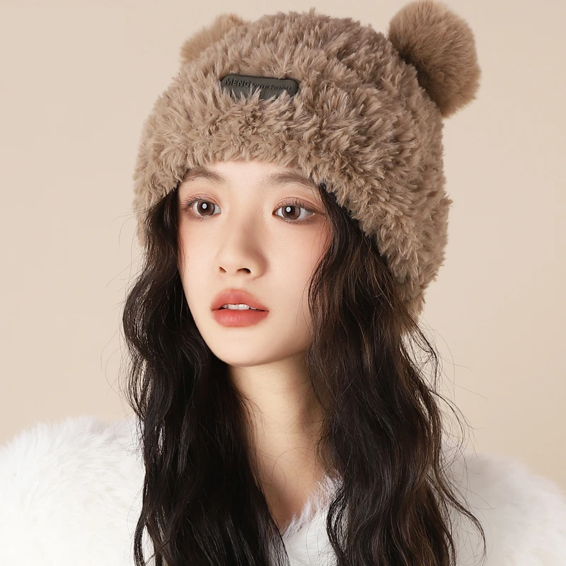 新款可爱小熊毛绒帽子女秋冬季针织加厚百搭显脸小保暖护耳毛线帽