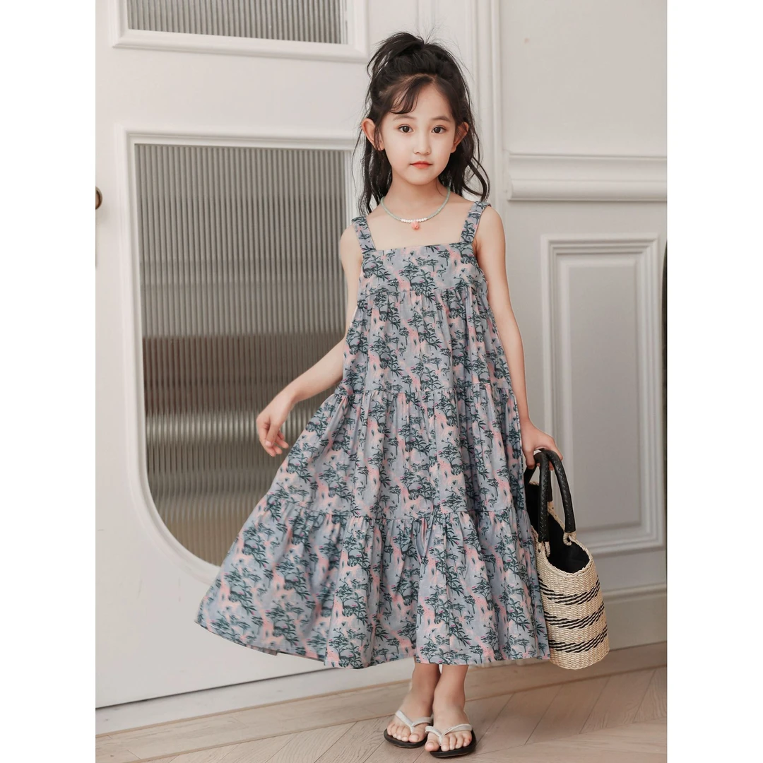 82321夏季新款儿童热带雨林印花度假吊带裙印花女童连衣裙