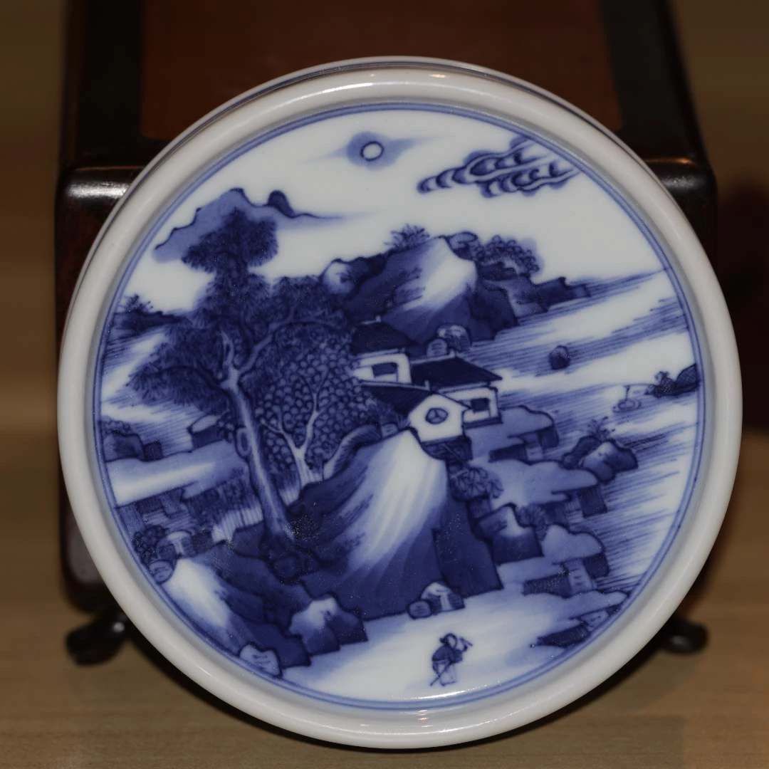 甄一怀古 山水盖置 青花瓷 景德镇纯手工手绘陶瓷