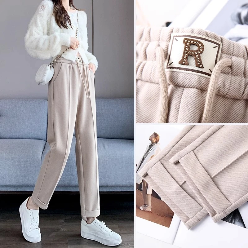 毛呢裤子女秋冬新款宽松烟管裤百搭显瘦加厚哈伦直筒萝卜西装裤子