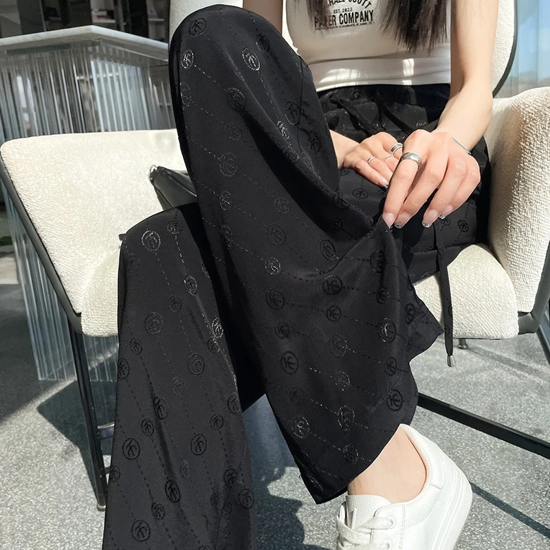 冰丝阔腿裤女夏季薄款垂感高腰直筒垂感宽松防晒提花休闲拖地裤子