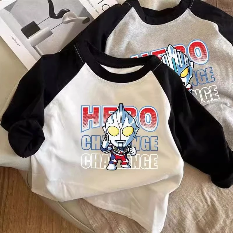 中小童男童女童圆领奥特曼印花休闲上衣春秋纯棉长袖插肩撞色T恤