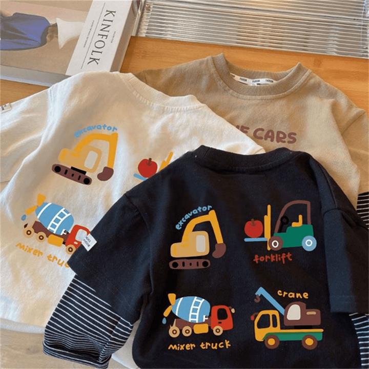 儿童长袖春秋男童纯棉T恤卡通洋气宝宝假两件打底衫时髦洋气上衣