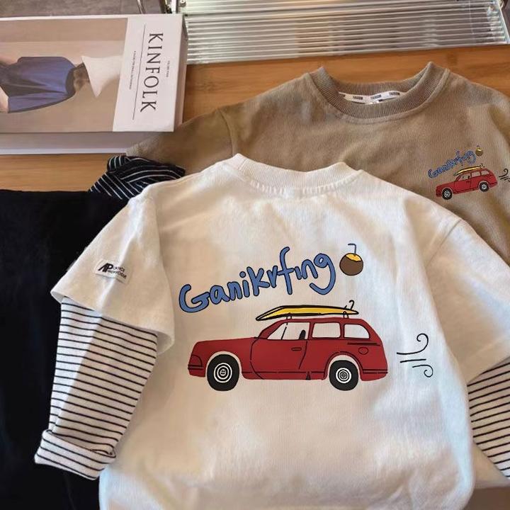 t恤儿童拼接假两件春秋圆领上衣宝宝洋气童装打底衫