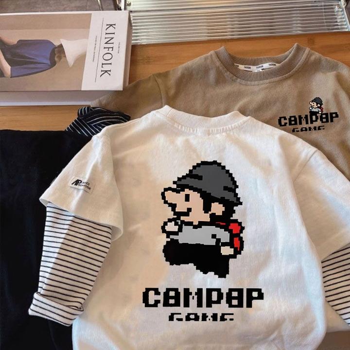 玛丽奥卡通儿童春秋衣服纯棉男童长袖T恤男孩宝宝假两件圆领上衣t