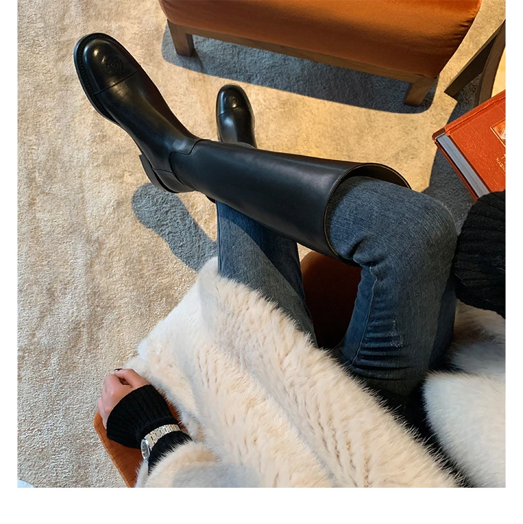 苏茵茵同款冬季刺绣真皮后拉链高筒长靴女骑士靴长筒过膝高跟厚底