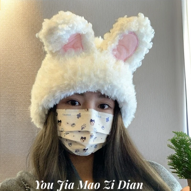 潮女秋冬保暖帽可爱毛绒兔耳朵帽子针织帽护耳显脸小日系帽包头帽