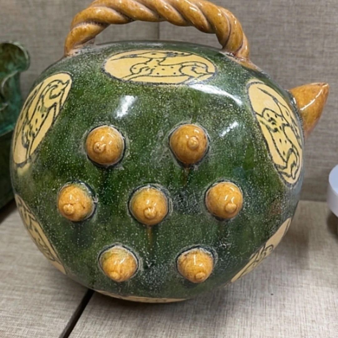 【闪购商品】陶瓷青花三彩倒装提梁壶壶