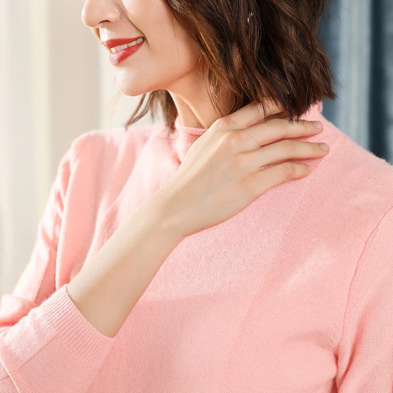 纯羊毛女士半高领纯羊毛衫针织衫上衣套头打底衫长袖加厚宽松时尚