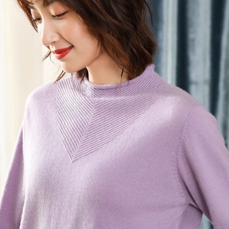 女士纯羊毛半高领羊毛衫休闲长袖百搭羊绒宽松纯色圆领秋冬套头