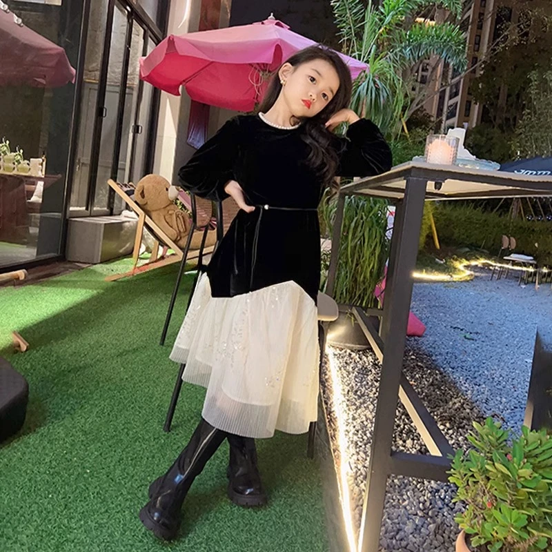 女童连衣裙加绒秋冬装2025新款洋气儿童网纱裙子女孩丝绒公主裙