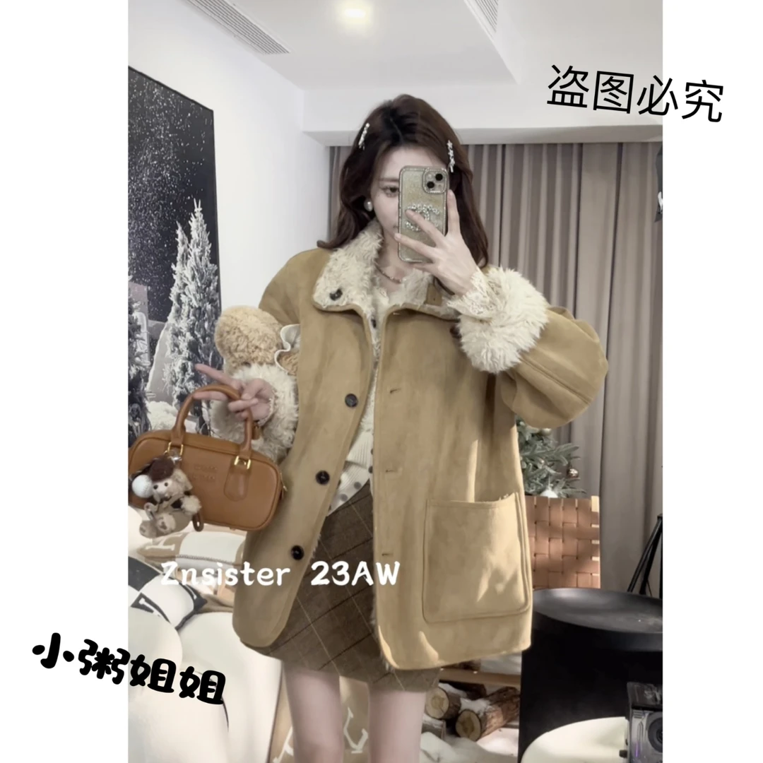 【XZ001】2024冬新款两面穿外套女中长款皮毛一体机车服保暖大衣