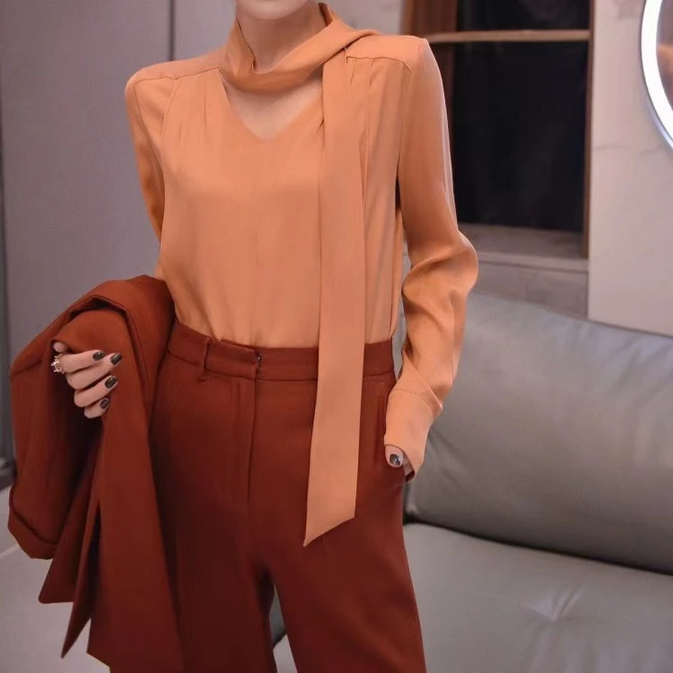 【彦姐专属】2306秋季新款女士百搭气质长袖上衣纯色收腰飘带衬衣
