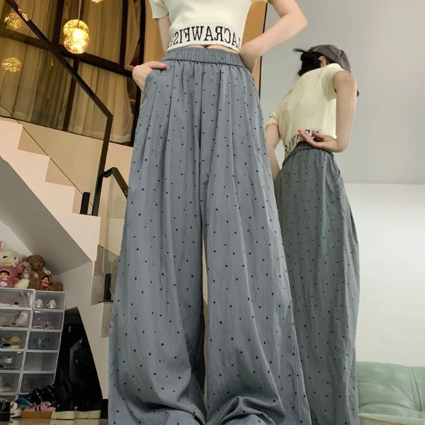 春夏遛弯长裤子百搭显瘦小个子宽松松紧腰休闲内外穿高腰阔腿女裤
