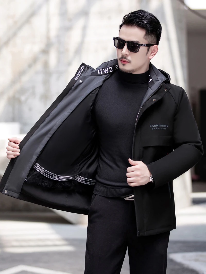 男士兔毛内胆短款派克服加绒加厚秋冬保暖外套可脱卸修身