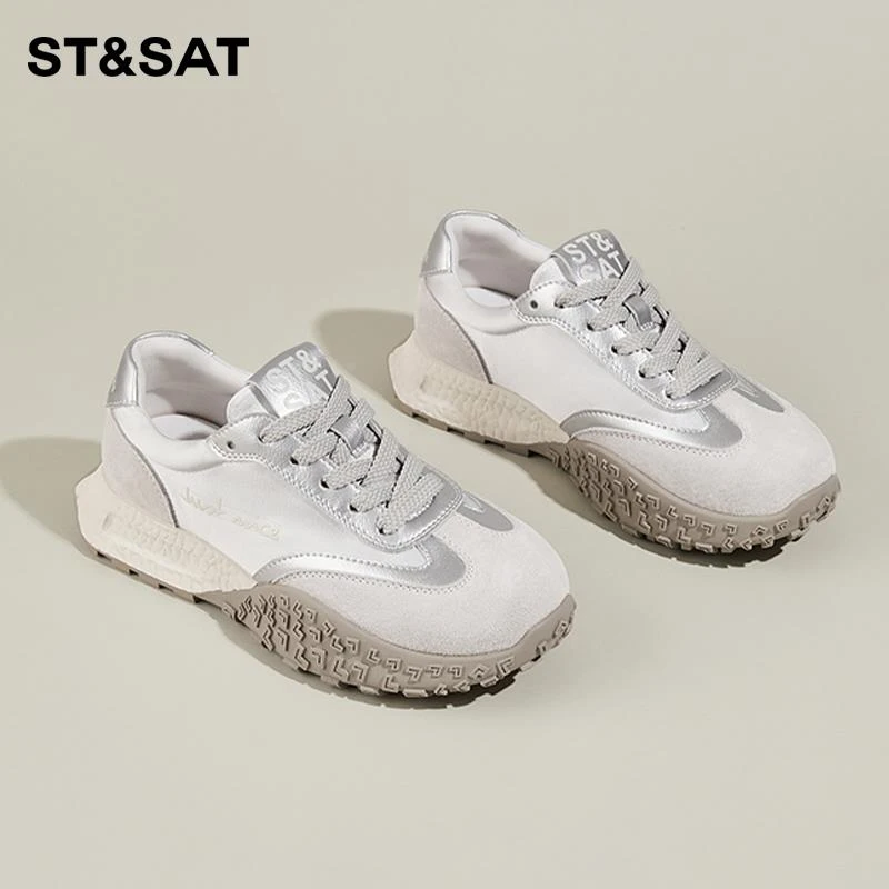 星期六拼色圆头系带德训鞋女2025夏季新款百搭舒适厚底休闲鞋女鞋