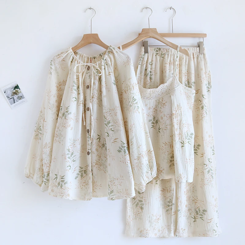 【带胸垫】纯棉双层棉纱三件套睡衣女士春秋夏季长袖套装女棉绸睡衣