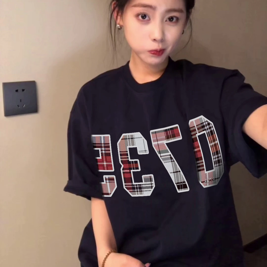 ATZA美式国潮牌复古格子数字oversize圆领短袖T恤女情侣百搭上衣