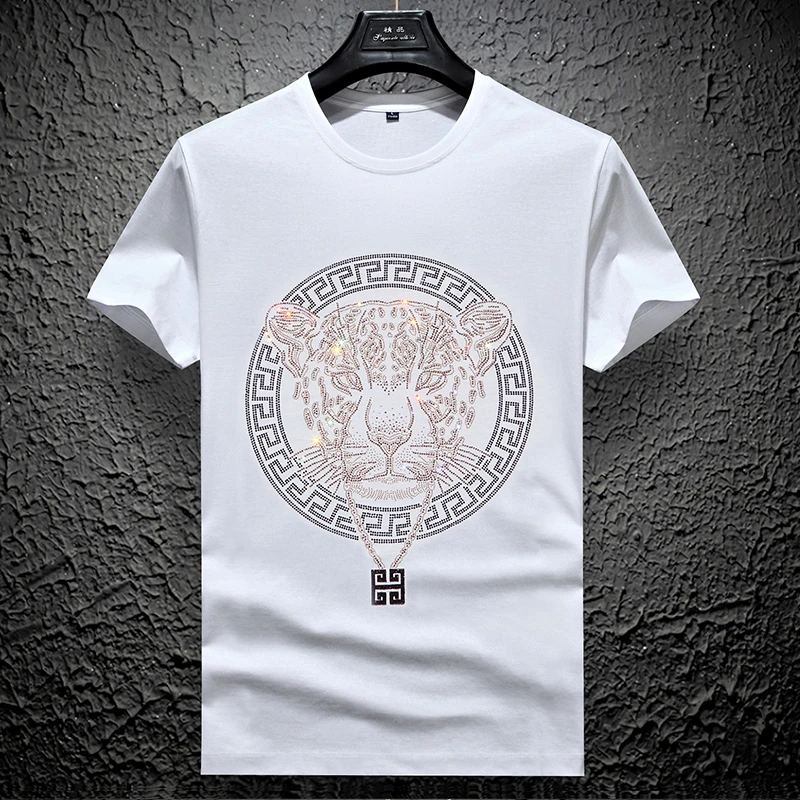 欧洲站夏季短袖t恤男丝光棉2023款潮牌欧货带钻冰丝修身t恤男款