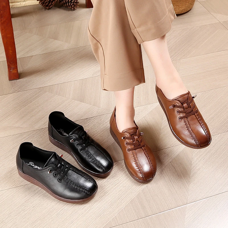 0373真皮平底妈妈鞋舒适防滑单鞋软底中老年春季百搭春秋皮鞋
