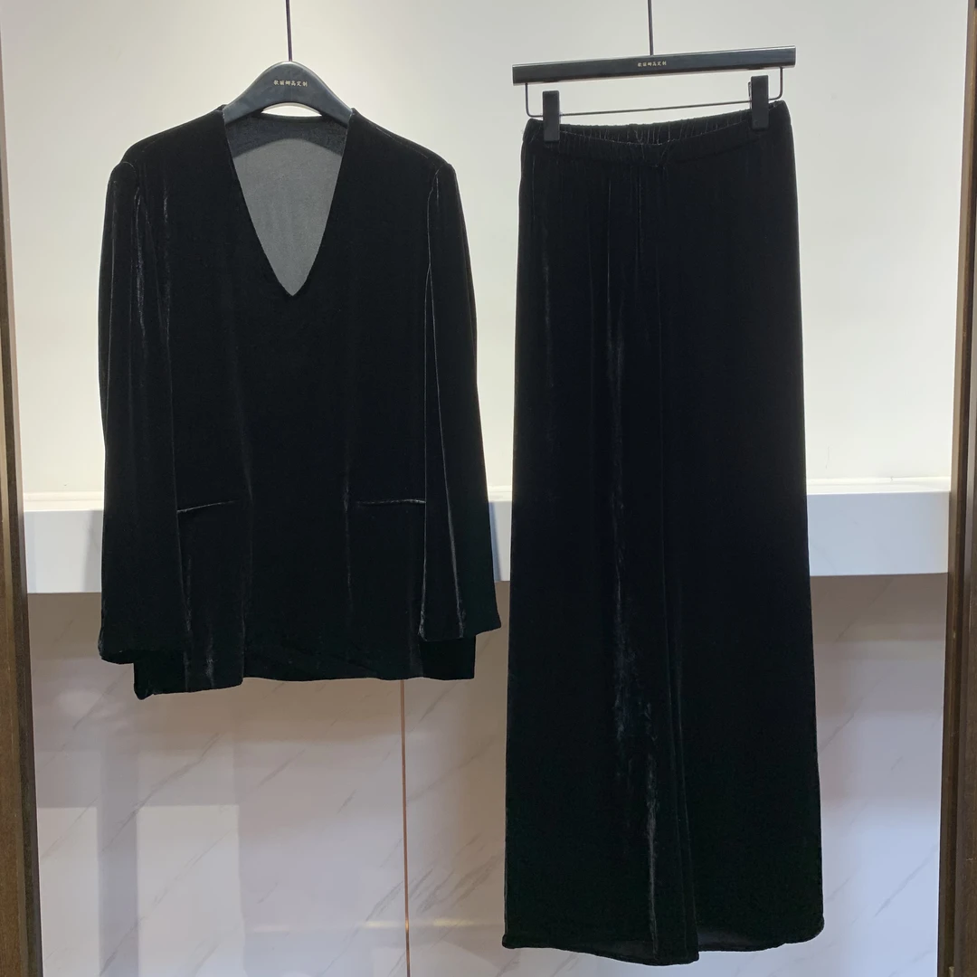 【GELINA】设计师款 气质细腻丝绒v领上衣阔腿裤套装女0209