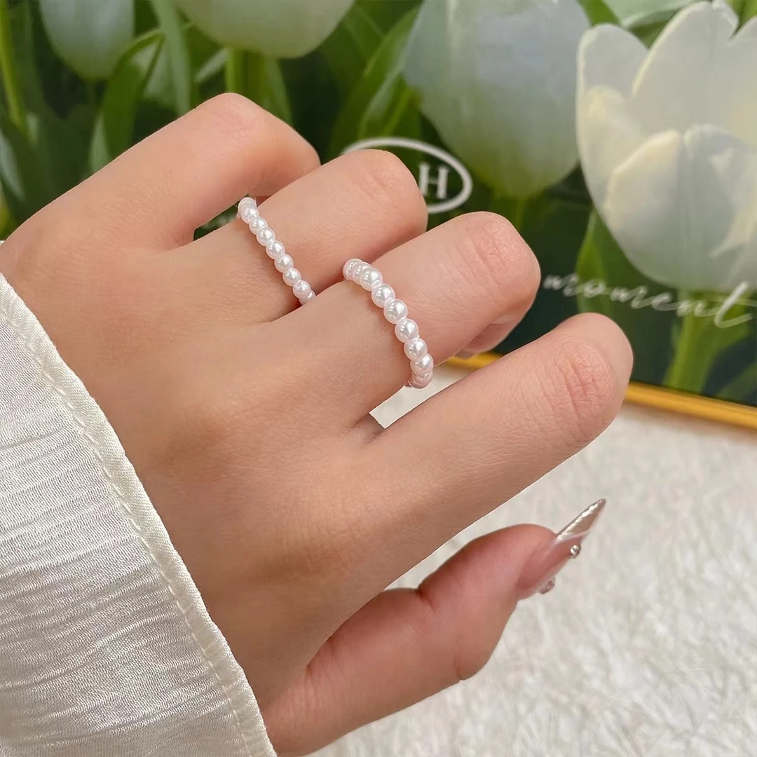 非金属仿珍珠戒指 法式戒圈强光正圆极光气质叠戴弹力简约ins素圈