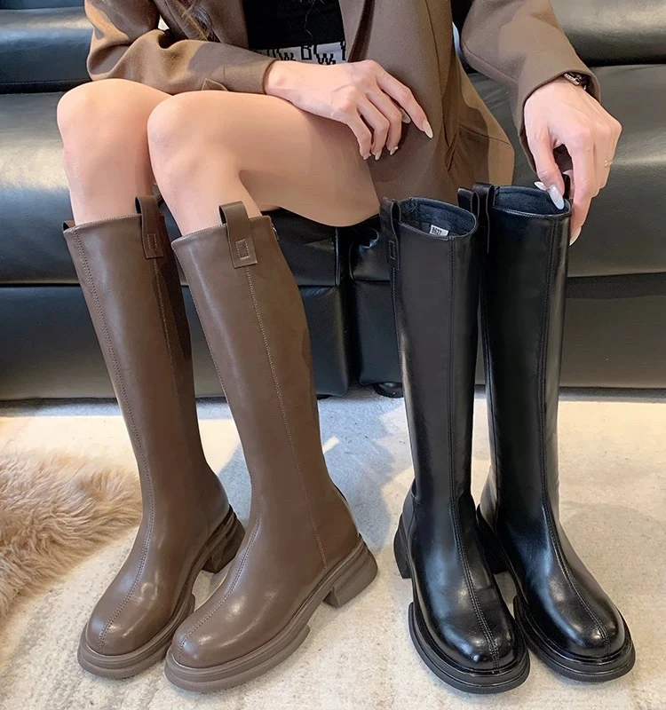 长筒靴女2023冬新款女鞋加绒高筒小个子厚底不过膝粗跟中筒骑士靴