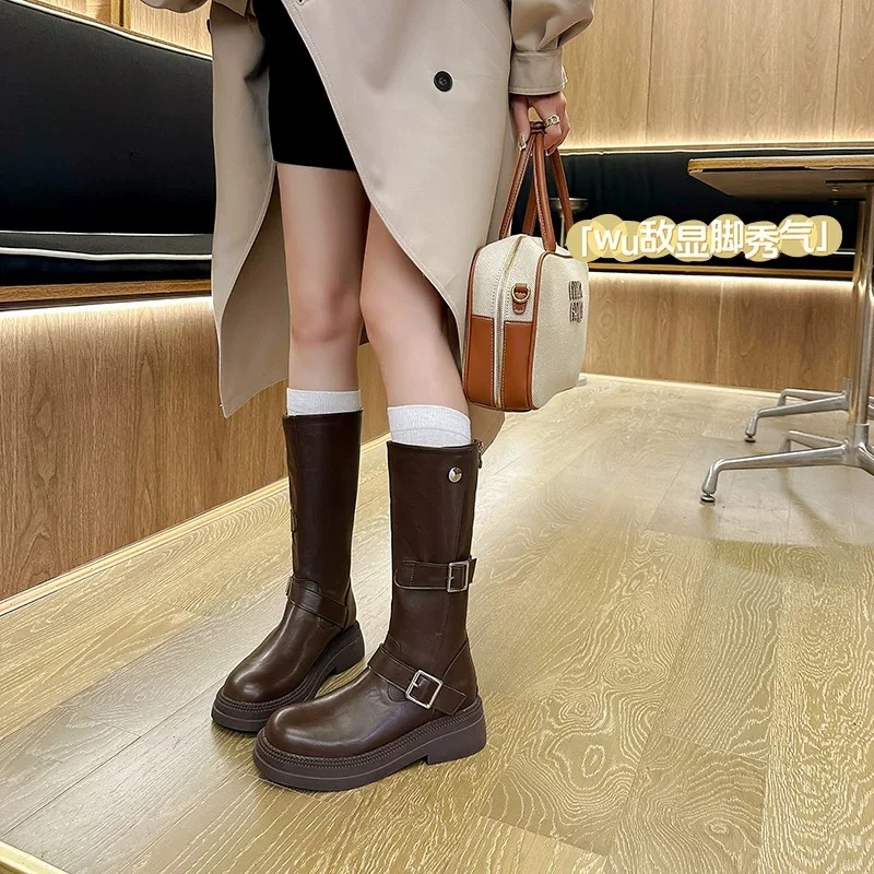英伦风复古百搭厚底中高筒靴女秋冬皮带扣骑士靴复古不过膝瘦瘦靴