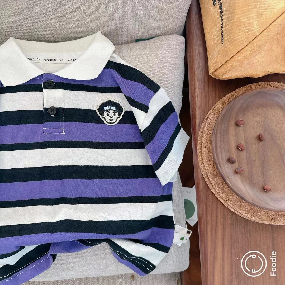 【JMJQ 20253】夏季薄款韩版中小童polo色织白底紫条休闲短袖上衣