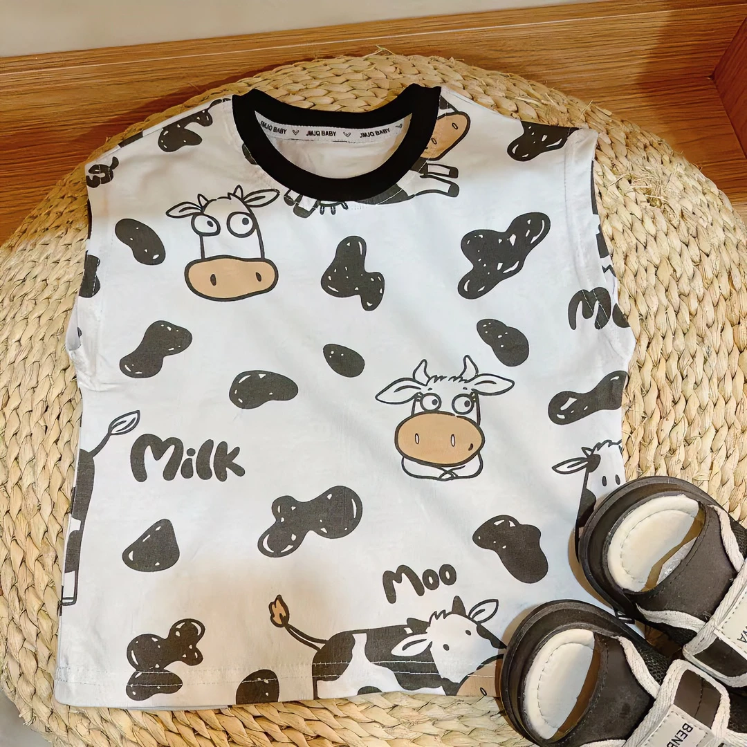 【JMJQ 20010】夏季男女童可爱韩版薄款满印奶牛印花背心宝宝圆领