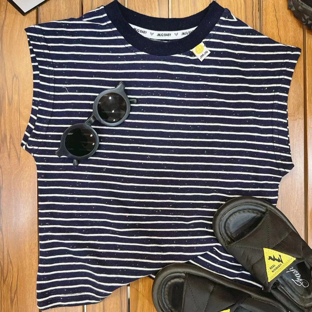 【JMJQ 20699】夏季中小童韩版亲肤宝宝花纱色织条纹标章短袖体恤