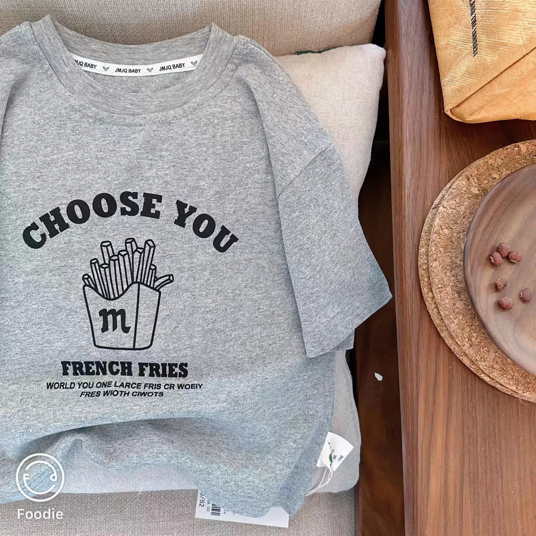 【JMJQ 20231】夏季新款儿童印薯条印花套头短袖T恤时尚圆领韩版