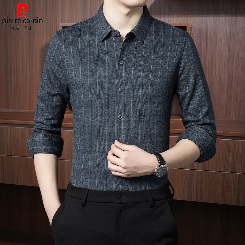 皮尔卡丹正品冬季厚款含绵羊毛休闲衬衣纯色格纹商务中年爸爸衬衫
