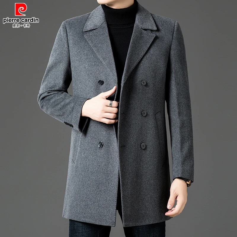 皮尔卡丹中长款保暖双面毛呢大衣男士商务内胆双排扣风衣外套