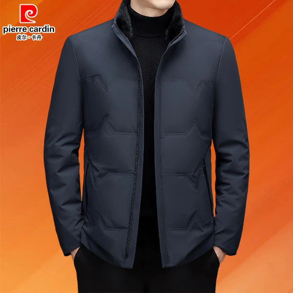 皮尔卡丹男士鹅绒服水貂毛立领加厚可拆内胆中年商务保暖羽绒服