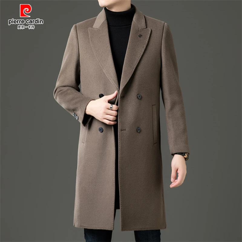 皮尔卡丹冬男士绵羊毛呢外套长款双面呢子大衣加厚鹅绒羽绒风衣潮