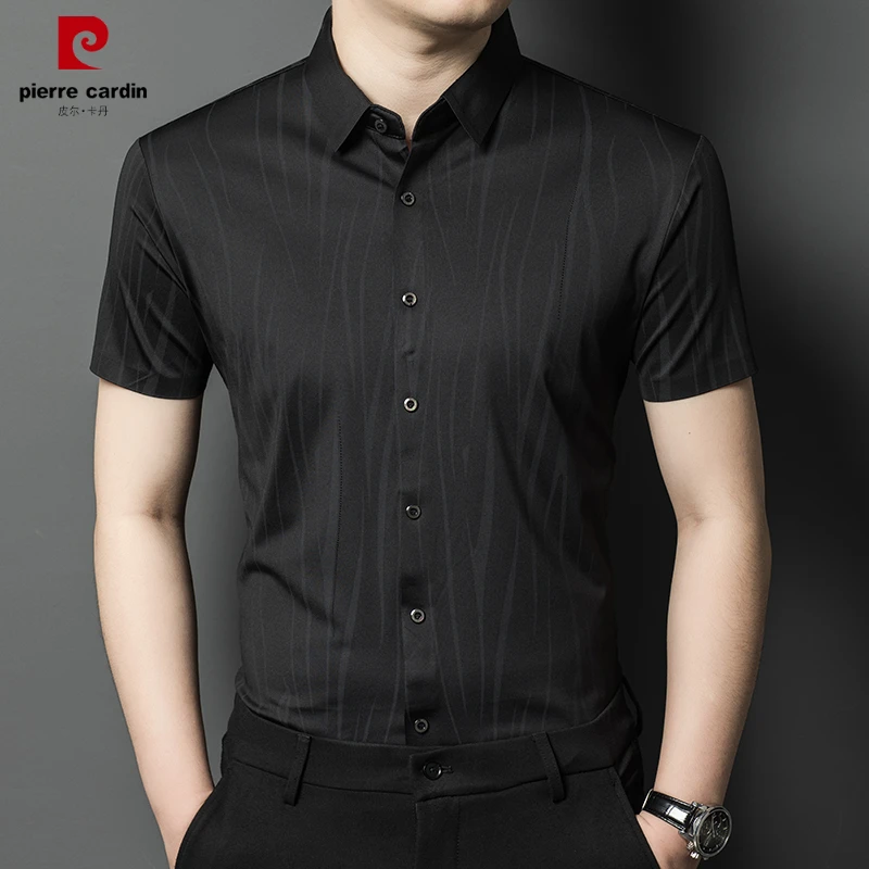 皮尔卡丹夏季男士短袖无痕商务衬衫条纹时尚休闲衬衣高档薄款中年