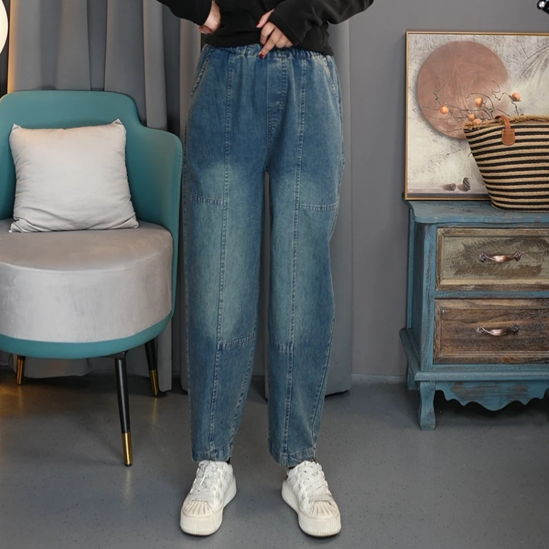 6752蓝-2025春季裤子女士新品潮流女士哈伦牛仔长裤大码宽松