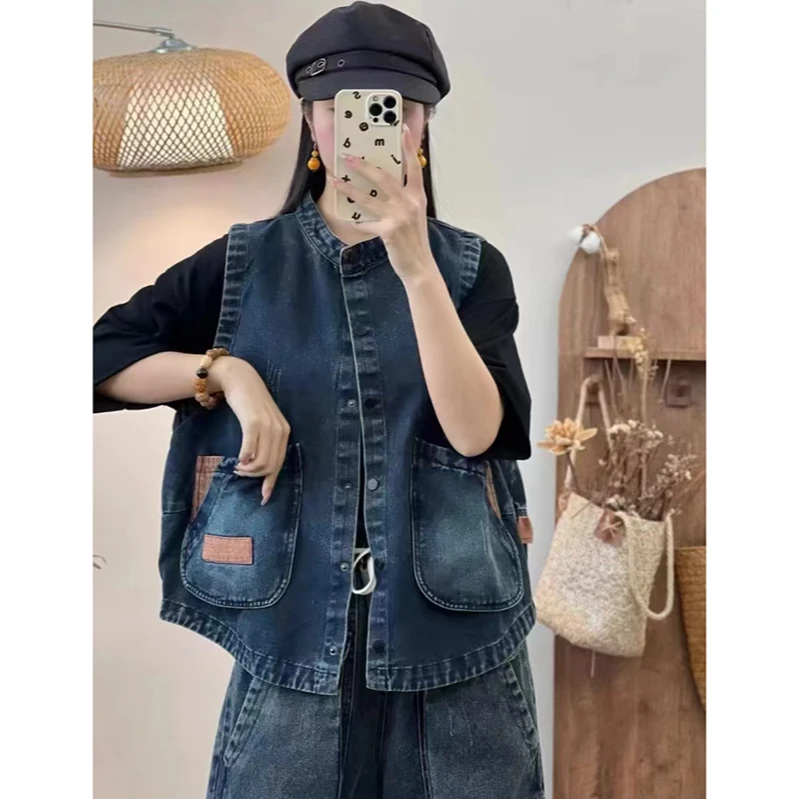 珍珍专属685蓝#2025春季文艺复古牛仔马夹坎肩百搭背心贴布撞色