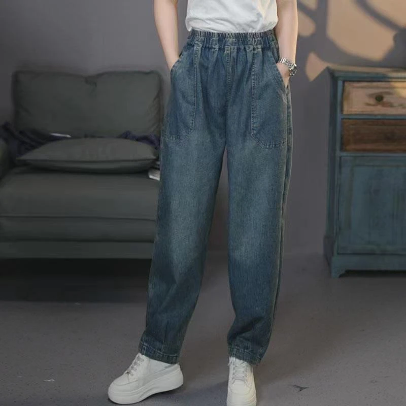 6748蓝#2025春季文艺复古牛仔裤松紧腰贴显瘦哈伦裤