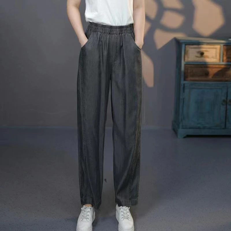 6745黑#2024早秋文艺复古微喇叭牛仔中裤松紧腰贴布拼接微喇叭