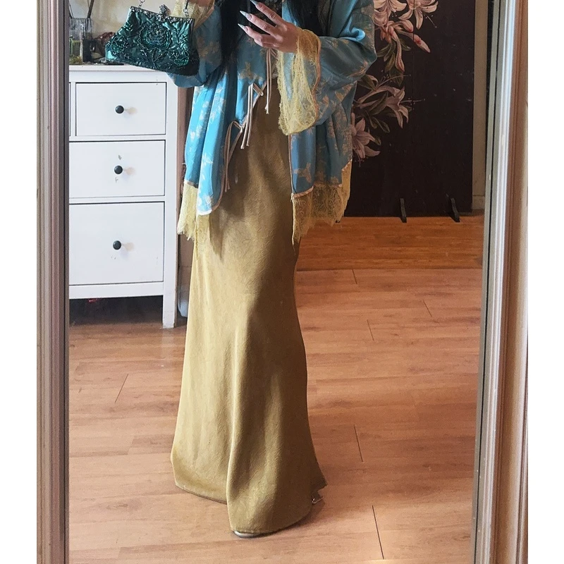 金色醋酸缎面修身拖地长裙女夏黑色垂坠肌理感加长包臀鱼尾半身裙