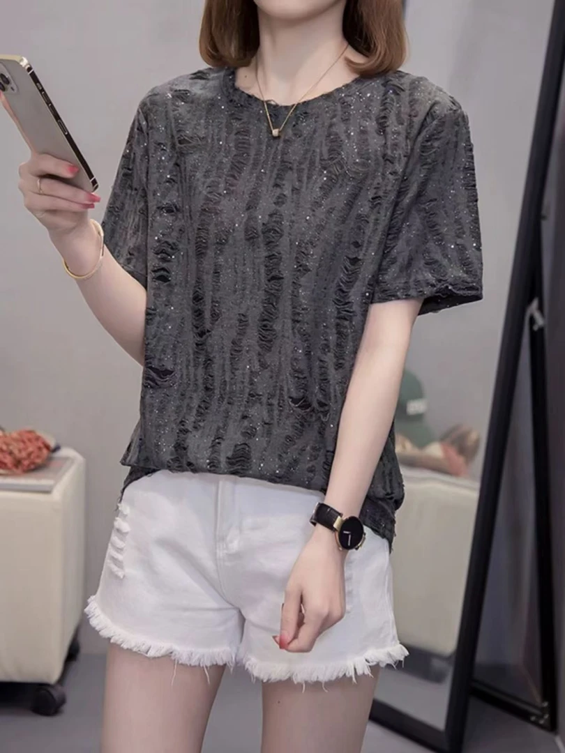 休闲百搭夏季圆领细闪烫钻破洞设计感宽松半袖上衣T恤男女同款