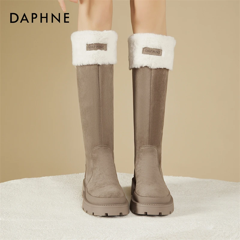 达芙妮长筒雪地靴女2023新款秋冬保暖厚底棉靴美拉德女靴加绒长靴