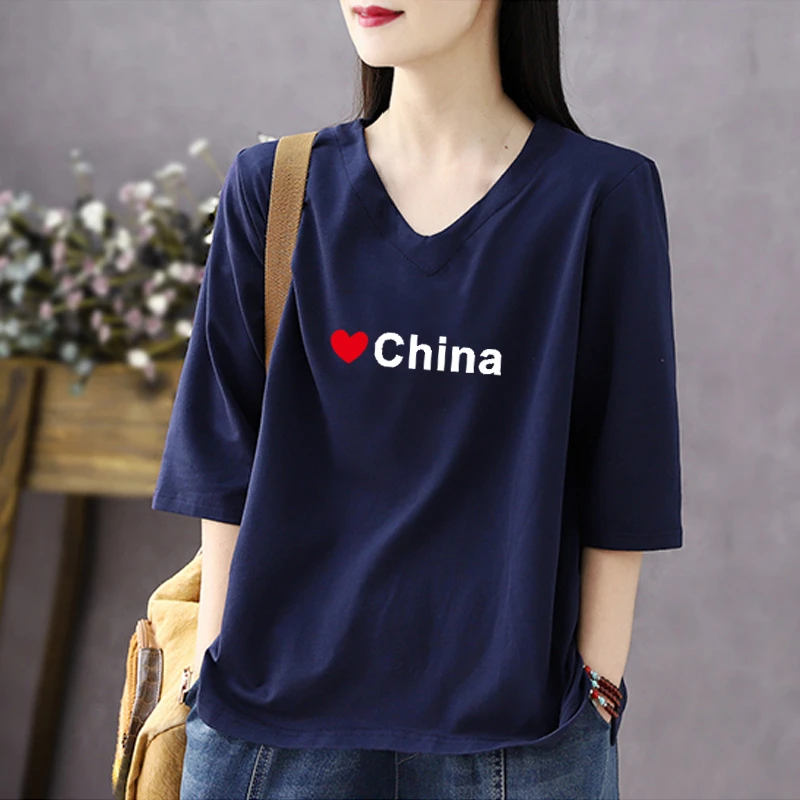 100%纯棉五分袖V领春夏新款中袖百搭文艺复古宽松大码T恤女士上衣