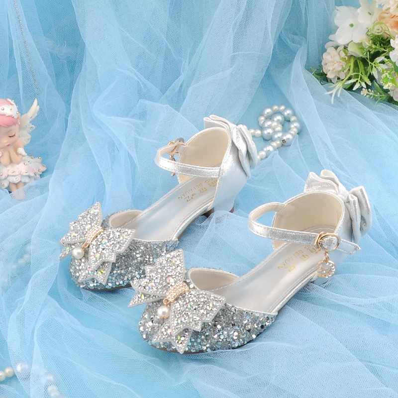 儿童童鞋女童单鞋公主鞋高跟水晶鞋跟鞋洋气时尚软底大童粗跟银色