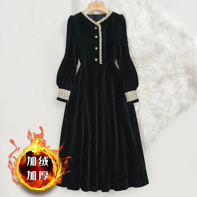 修身时尚2024春秋连衣裙打底加绒黑色法式收腰气质小个子赫本收腰