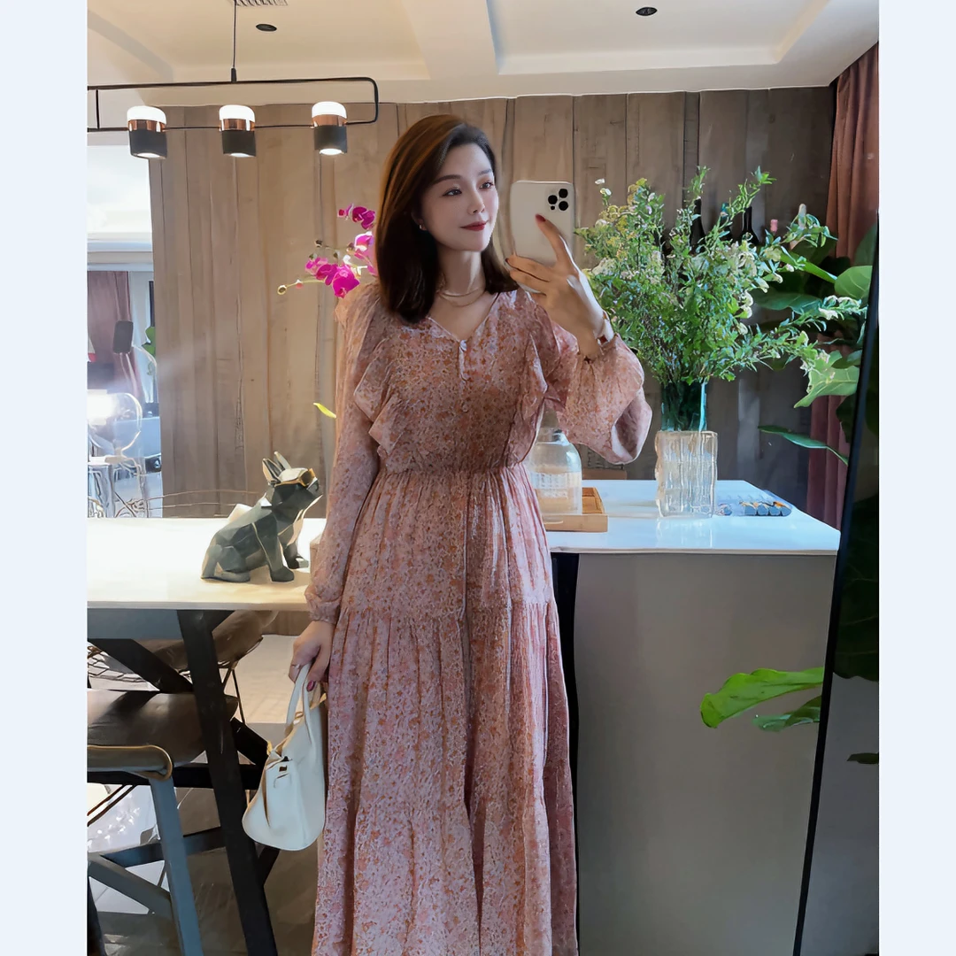 ROBELLE《粉黛未央》新款春秋装中长款木耳边粉色碎花女装连衣裙