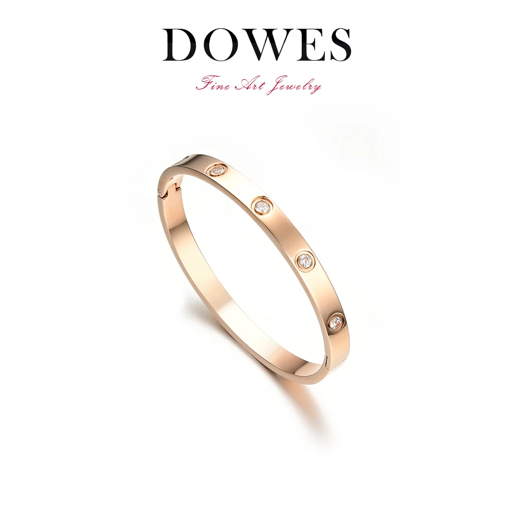 DOWES 铜合金合成锆石手镯 玫瑰金粉色圆圈时尚百搭轻奢手镯